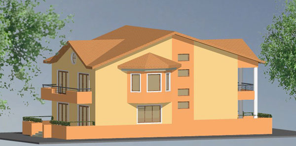 locuinte individuale Casa  parter si etaj amplasata pe teren ingust perspectiva laterala stanga 